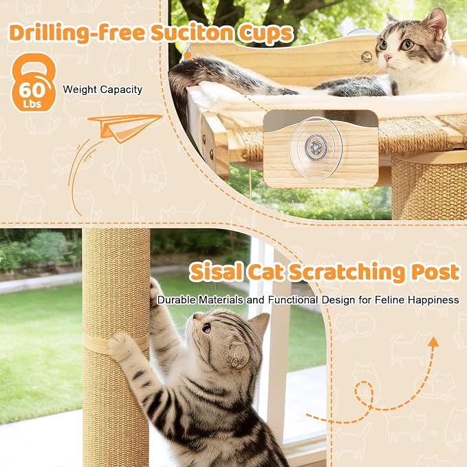 54.3" Cat Window Perch with 3 Adjustable Roman Column Sisal Posts, Drill-Free - Image 5