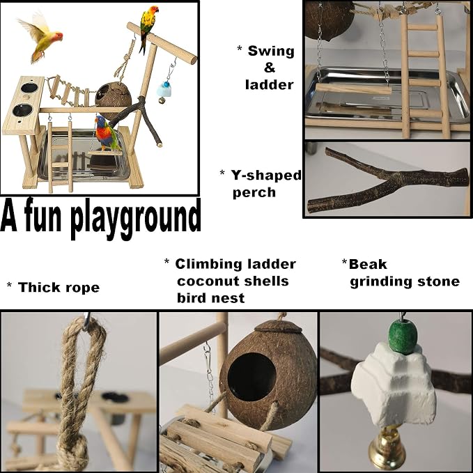 Parrots Playground Bird Play Stand Natural Wood Parrot Perch Gym Playpen - Image 3