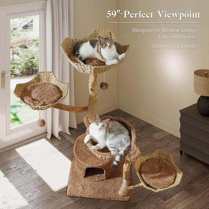 59" Cat Tree Tower with Real Solid Wood Natural Branch, Modern Cat Tree - Image 8
