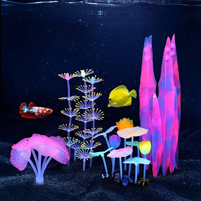 Lpraer 4 Pack Glow Aquarium Decorations Coral Anemone Lotus Leaf Seaweed by Lpraer