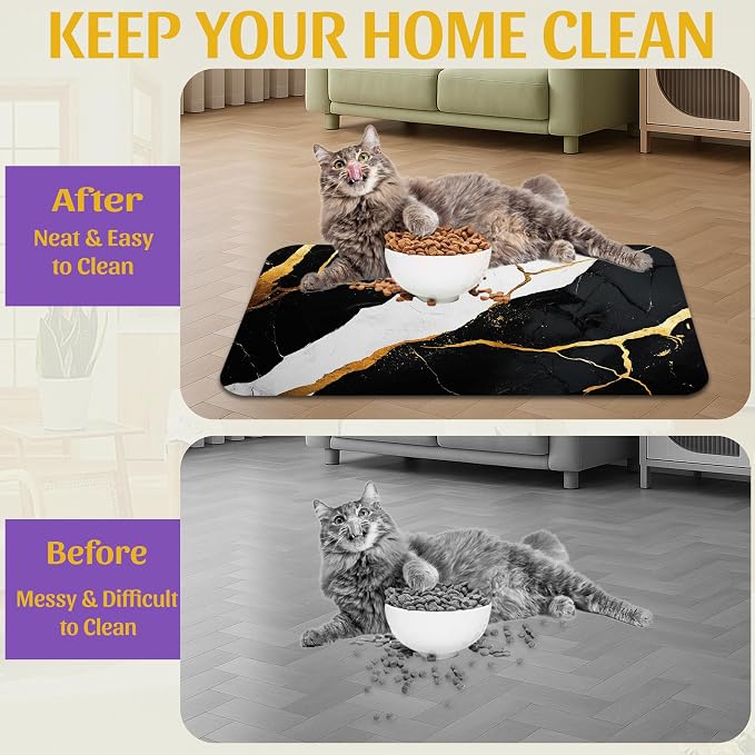 Black Gold Marble Dog and Cat Food Mat, Absorbent Feeding Placemat, Waterproof - Image 4