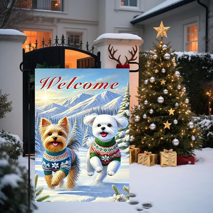 Welcome Winter Garden Flag Two Cheerful Dogs Flag Winter Sweaters 12x18 Inch - Image 5
