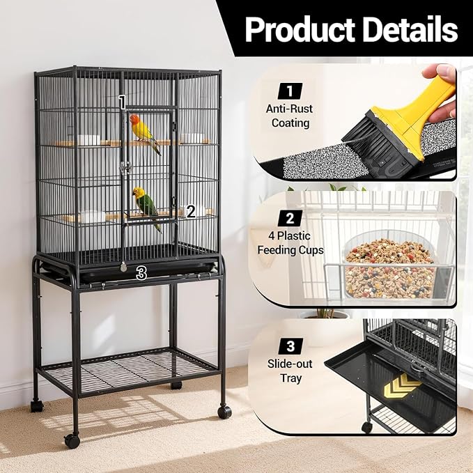 53 Inch Bird Cage with Wooden Perches, Standing Wrought Iron Birdcage with - Image 4