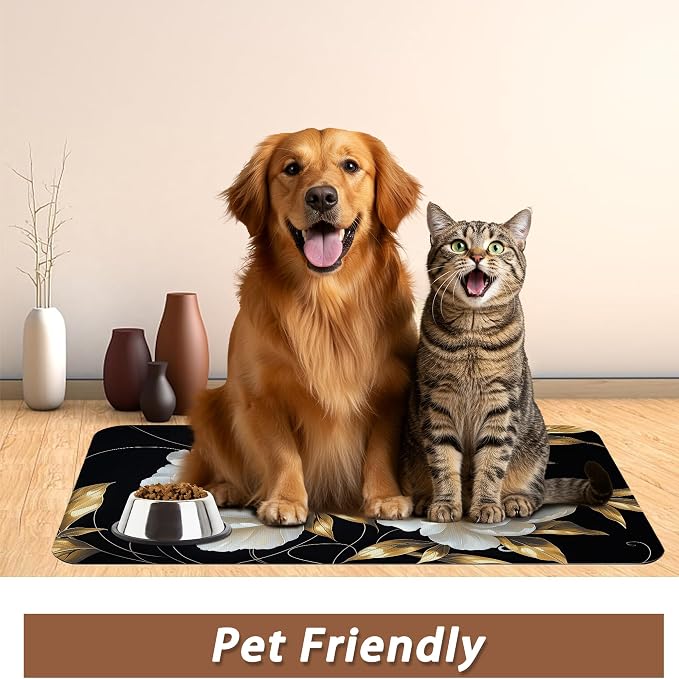 White Flowers Pet Feeding Mat, Glitter BloomingAbsorbent Quick-Dry Cat Dog Food - Image 6