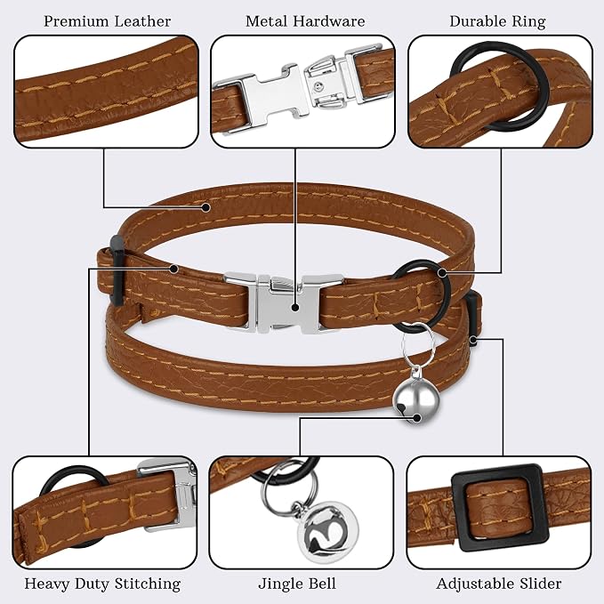 Leather Cat Collar with Buckle and Removable Bell - Image 5