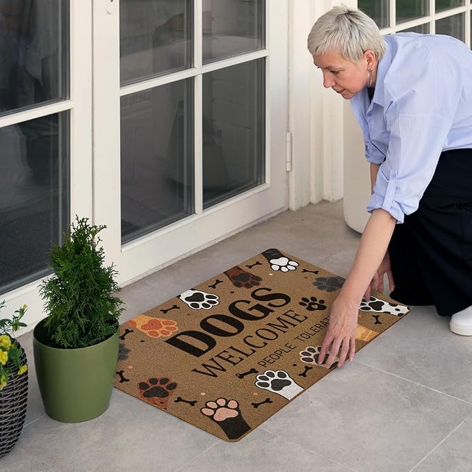 Dogs Welcome People Tolerated Door Mat, Cute Dog Paws Print Artificial Coir - Image 2
