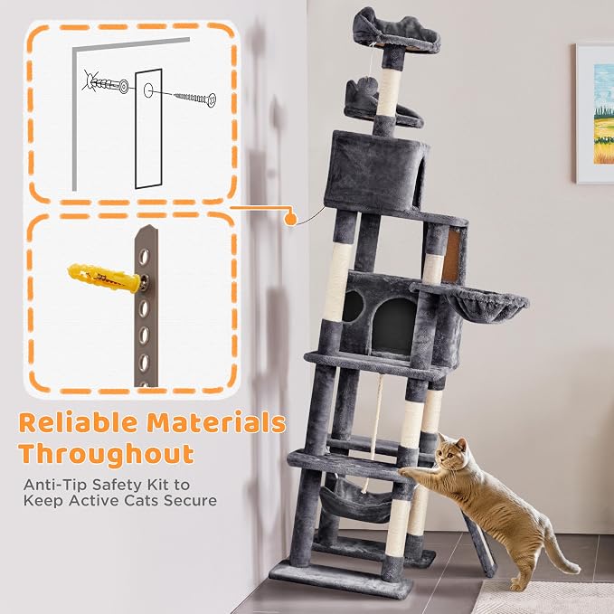 Yaheetech Cat Tree, 82.5in Large Tower w/Hammock, 2 Kitty-Ear Perches, 2 Cozy - Image 7