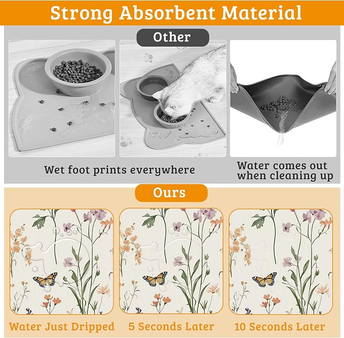 Wildflowers Butterfly Dog Cat Food Mat, Plants Absorbent Waterproof Placemat - Image 3