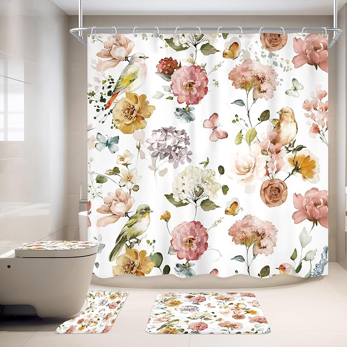 4 PCS Spring Floral Birds Bathroom Set - Image 3