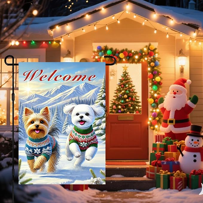 Welcome Winter Garden Flag Two Cheerful Dogs Flag Winter Sweaters 12x18 Inch - Image 2