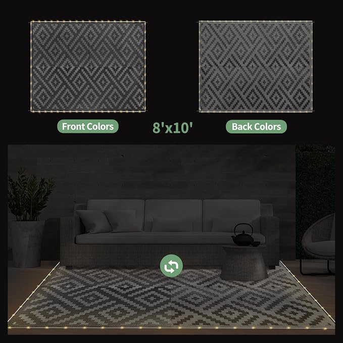 GENIMO Outdoor Rug with LED Strip Lights, Reversible Plastic Straw Rugs - Image 6