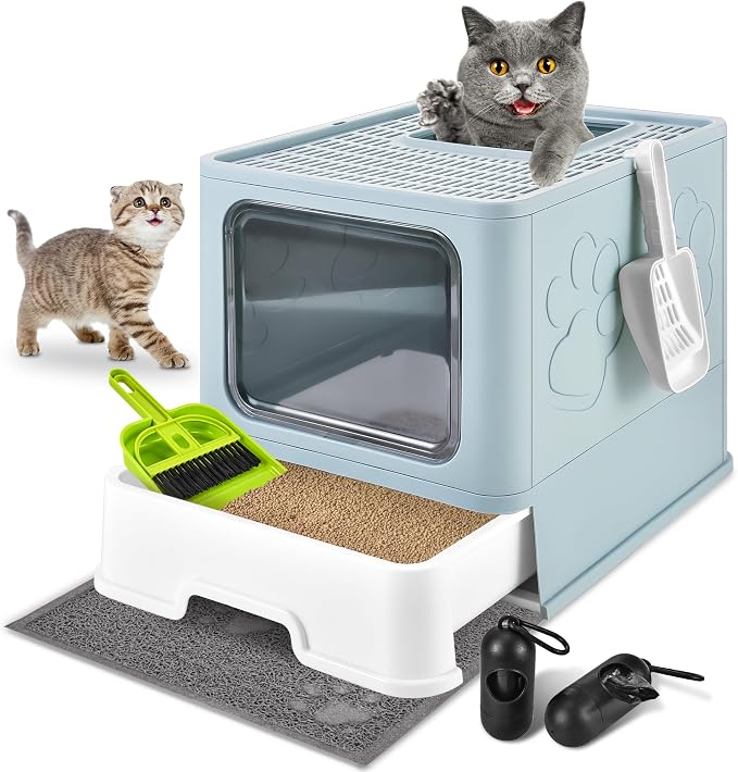 Cat Litter Box with Litter Mat, Foldable Extra Large Free in and Out/One-Way by HOMAGICO