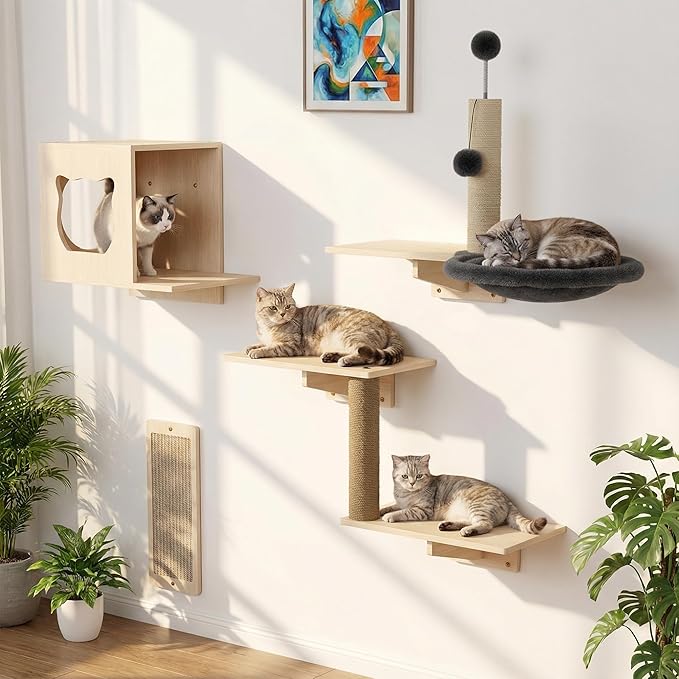 Cat Wall Shelves, Wooden Multi-Level Cat Climbing Furniture, Sisal Scratcher by Cakhdry
