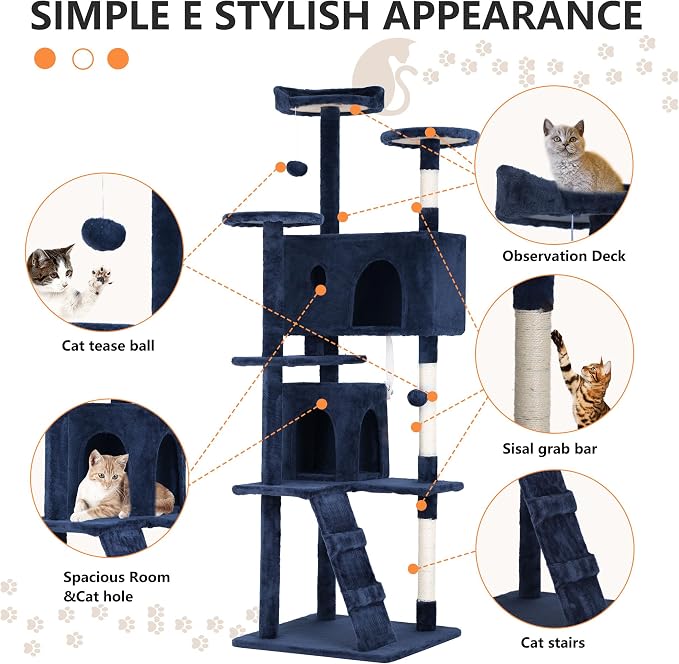 BestPet | 70" Cat Tree Tower | Navy Blue | Sturdy, Hanging Cat Toys, - Image 6