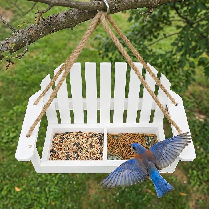Solution4Patio White Swing Bird Feeder, Squirrel-Proof Metal Mesh Tray - Image 7