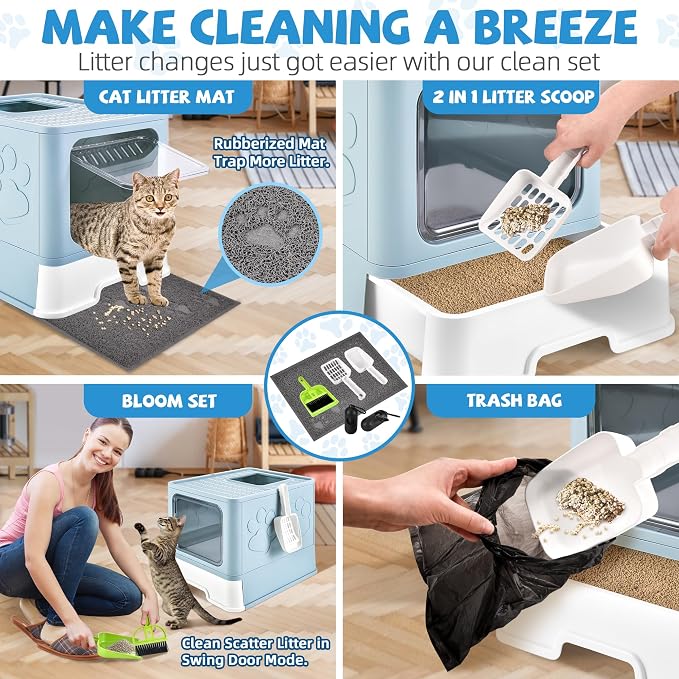 Cat Litter Box with Litter Mat, Foldable Extra Large Free in and Out/One-Way - Image 6