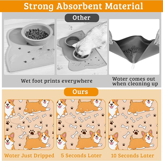 Corgi Feeding Mat, Cute Dogs Absorbent Quick-Dry Cat Dog Food and Water Bowl - Image 3