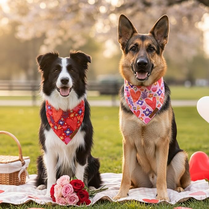 ADOGGYGO Valentines Dog Bandana 2 Pack, Heart and Floral Print Pet Scarf Bib - Image 2