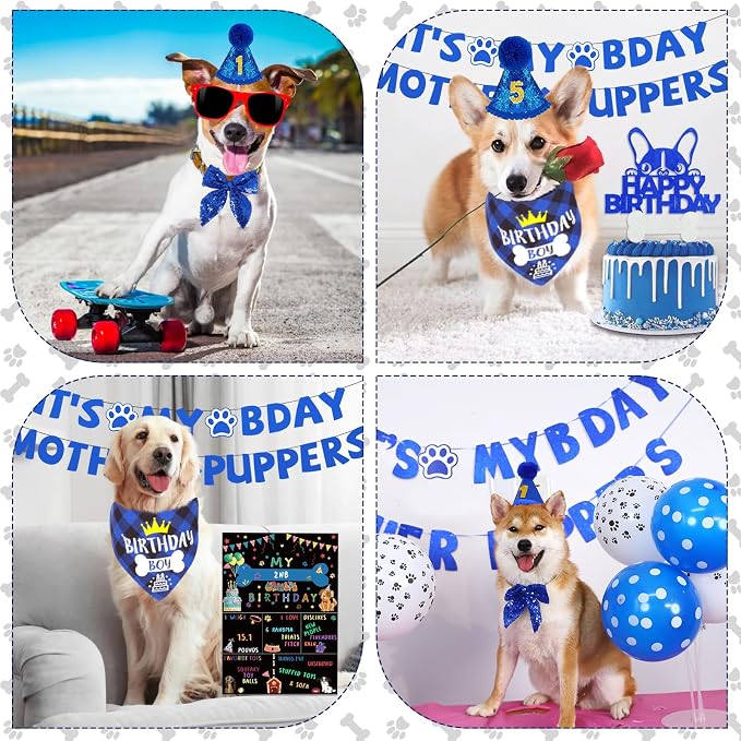 Blue Dog Birthday Party Supplies Pet Birthday Bandanas Boy Doggy Birthdays Hat - Image 6