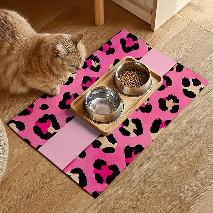 Puppy Feeding Mat 20x12 inch Pink Leopard Print Dog Bowl Placemat Non Slip Mat - Image 2