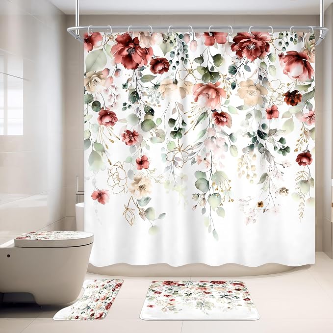 4 PCS Red Burgundy Floral Flower Shower Curtain Set 72Wx72H Inch Watercolor - Image 3