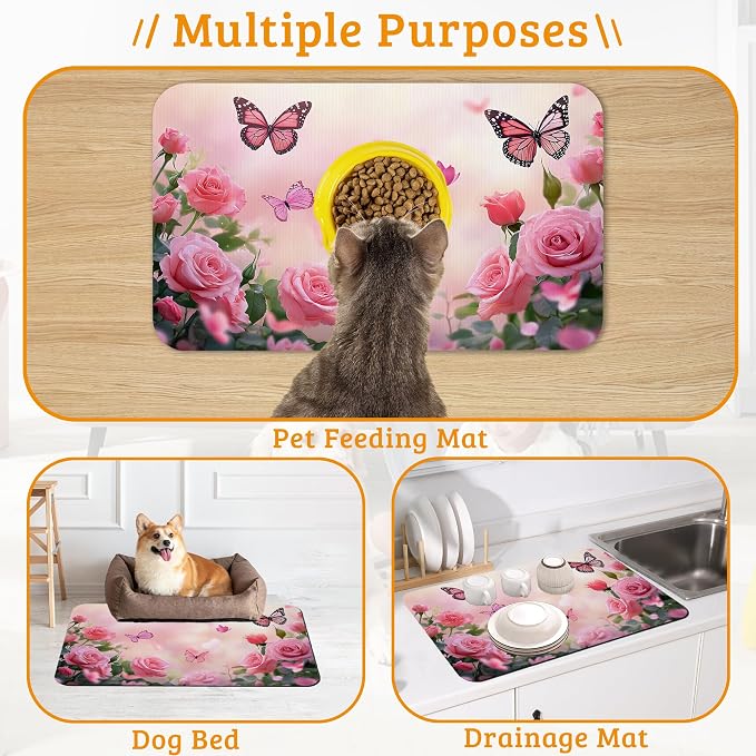 Rose Pink Dog Cat Food Mat, Butterfly Absorbent Waterproof Placemat - Image 7