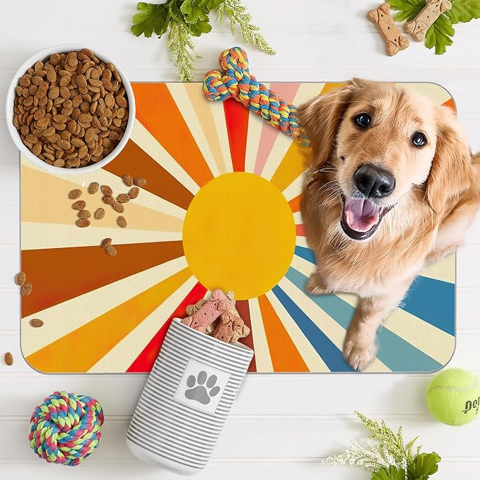 Retro 70s Rainbow Sunrise Swirl Dog Cat Food Mat, Absorbent Pet Feeding Mat - Image 7