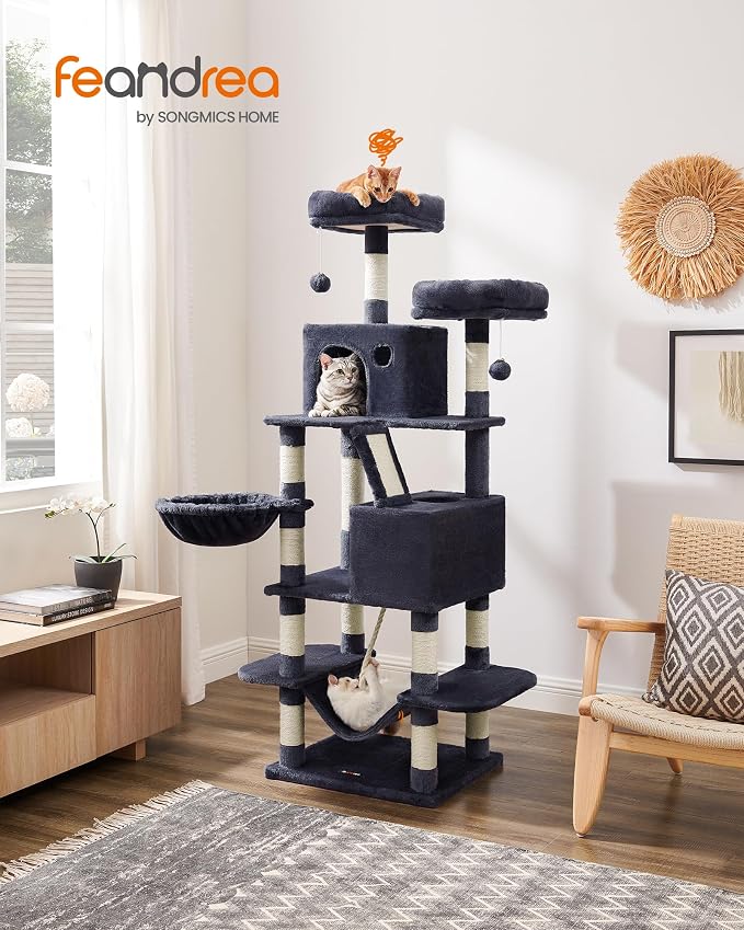 Feandrea Cat Tree, 66.1-Inch Large Cat Tower, 2 Perches, 2 Caves, Smoky Gray - Image 2