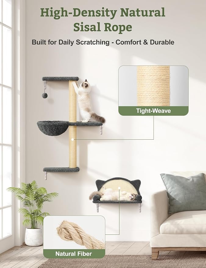 5-in-1 Cat Wall Shelves, Solid Wood & Velvet & Sisal Scratcher, 44lbs Max Load - Image 8