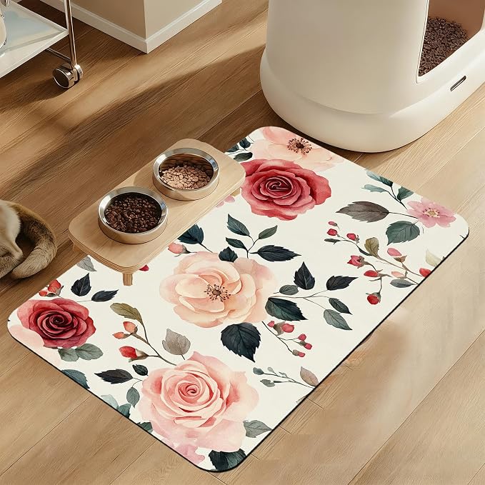 Pink Flower Leaf Pet Feeding Mat–Christmas Stocking Quick Dry Absorbent Dog Cat by LUTASER