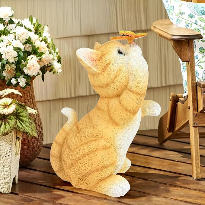 Solar Garden Statue Cat Figurine, Resin Cat Statue Playing Butterfly, Outdoor - Image 2