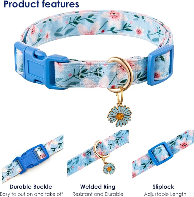 Cotton Dog Collar Blue Flower Pattern - Image 3