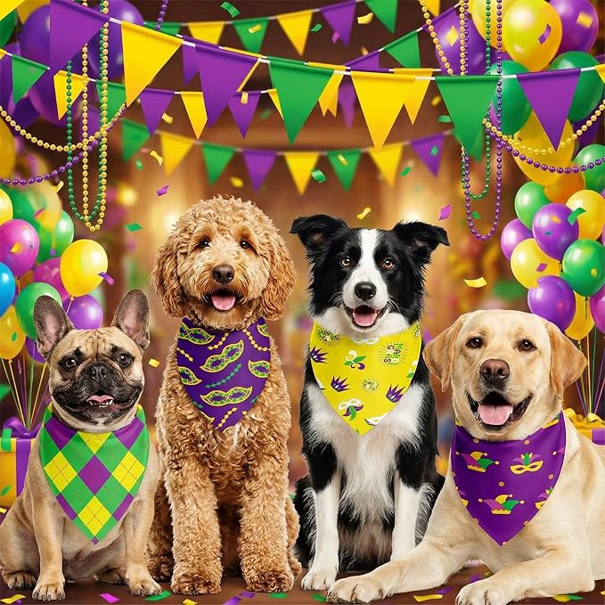 Abbylike 50 Pcs Mardi Gras Dog Bandanas Bulk Purple Green and Gold Bandanas - Image 2