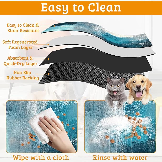 Pet Feeding Mat, Art Painting Absorbent Dog Cat Food Mat Grey Blue Dog Mat - Image 5