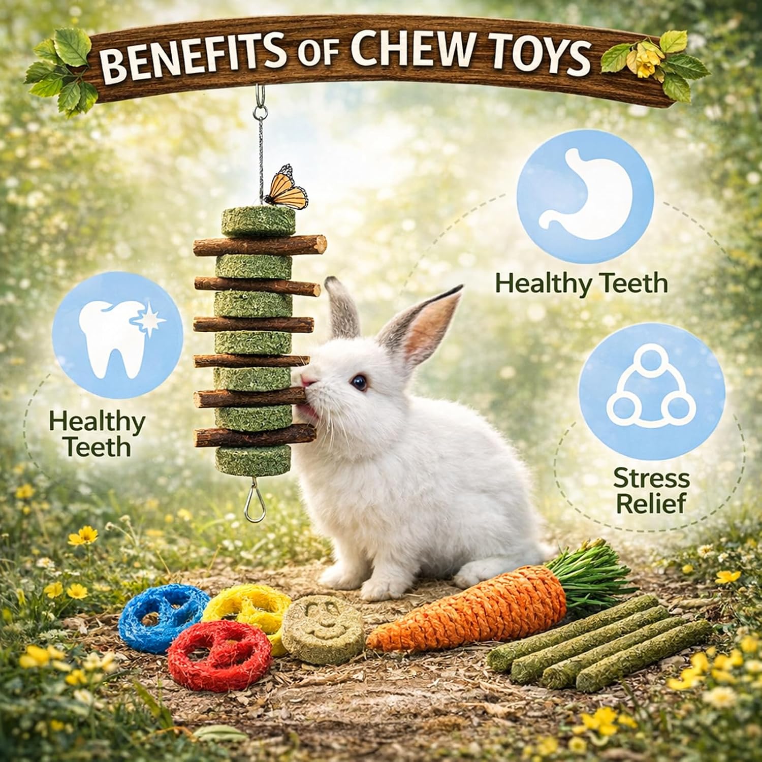 Grddaef 20 PCS Bunny Chew Toys, Apple Wood and Timothy Sticks - GlobalHabitat Supply