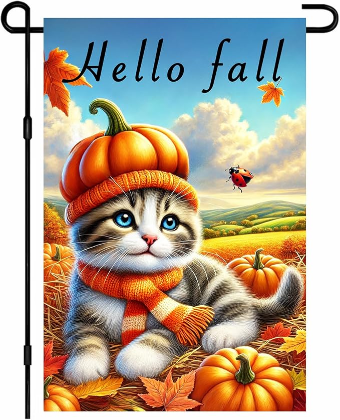 Hello Fall Garden Flag Cute Kitten Pumpkin Hat Scarf Flag 12x18 Inch Autumn Pet by BlissYard