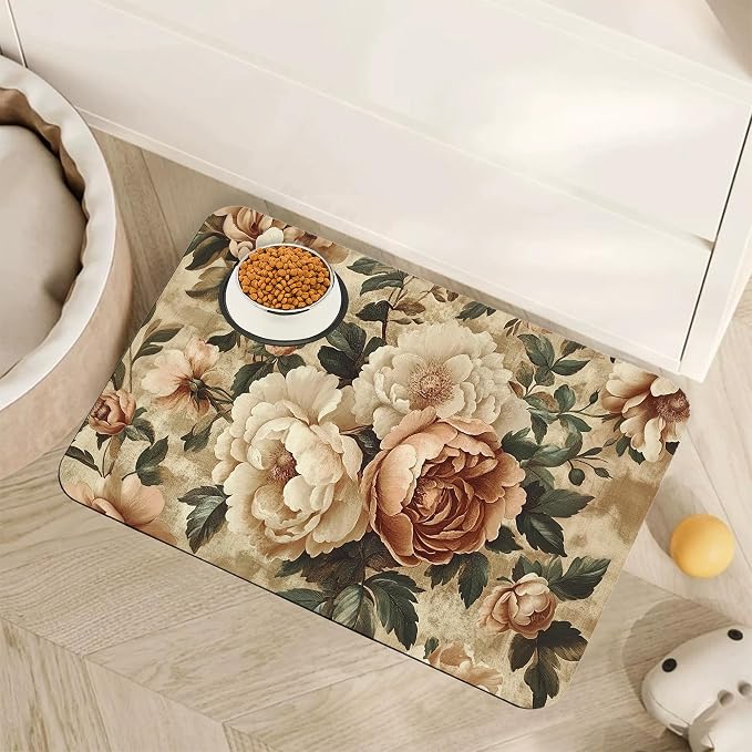 Roses Peonies Pet Feeding Mat, Vintage Luxury Shabby Chic Flower Absorbent by Unknown