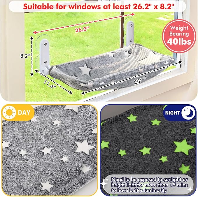 Cat Window Perch, Glow in The Dark Cordless Foldable Pet Hammock Bed - Image 4