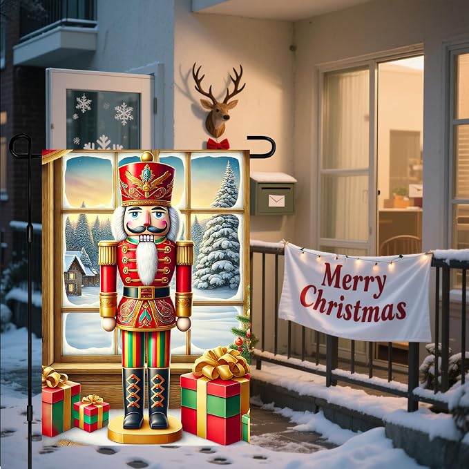 Christmas Garden Flag 12x18 Inch Nutcracker Soldier Decor Gift Box Snowy Pine - Image 6