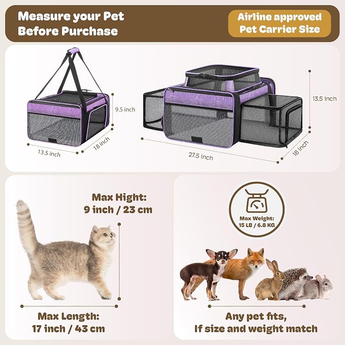 Top and 2 Sides Expandable Cat Carrier 18x13.5x9.5, TSA Airline Approved Dog - Image 4