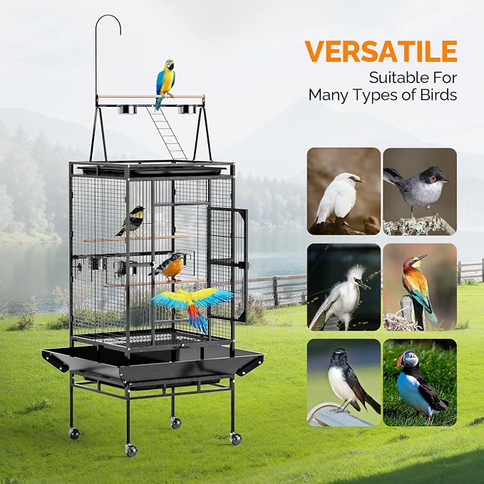 VINGLI 83 Inch Bird Cage with Play Top, Large Wrought Iron Bird Cage with Wheels - Image 7