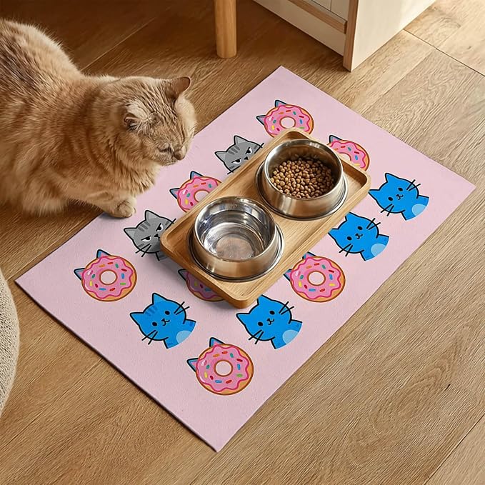Cat Feeding Mat 24x16 inch Donut Cat Print Pet Bowl Placemat Non Slip Floor Mat - Image 2