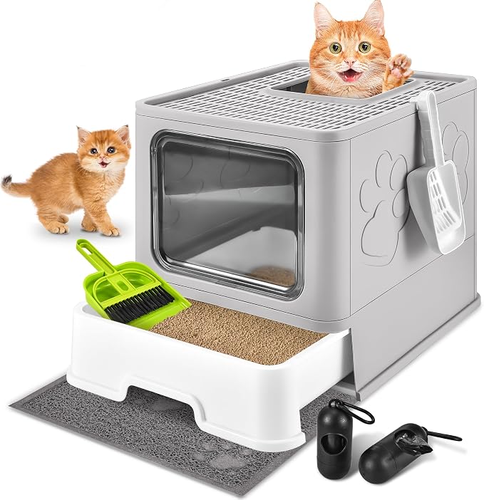 Cat Litter Box with Litter Mat, Foldable Extra Large Free in and Out/One-Way by HOMAGICO