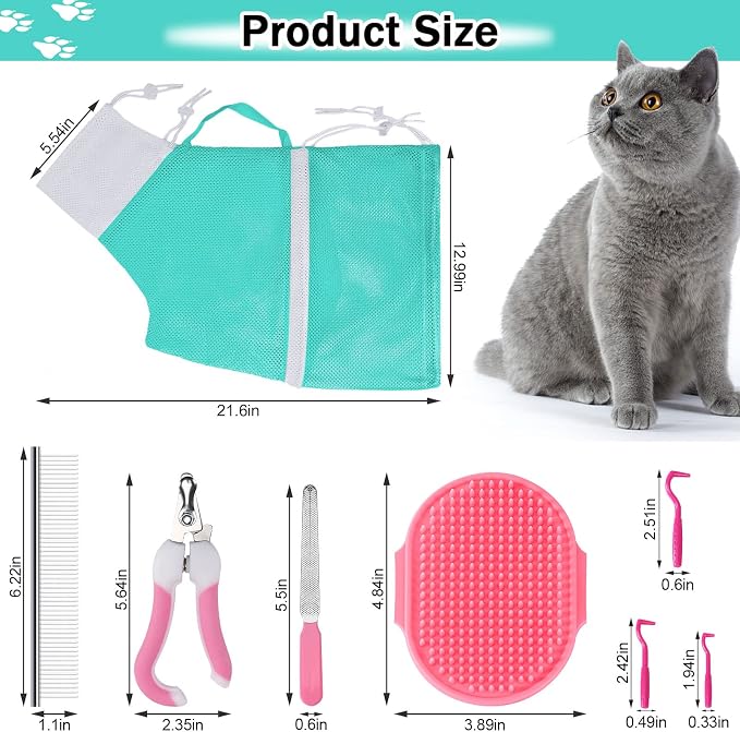JULMELON Cat Washing Bag 10 PCS Set, Adjustable Cat Shower Net Bag and Pet - Image 2