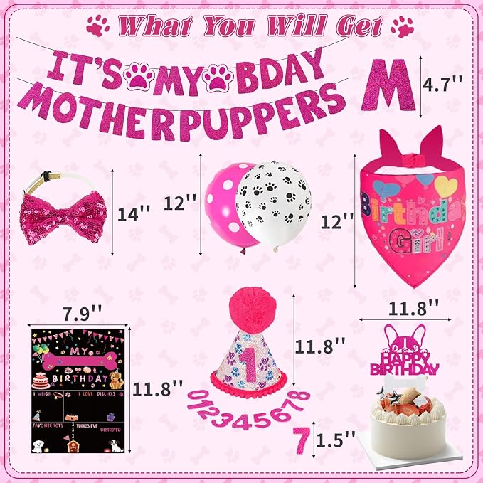 Hot-Pink Dog Birthday Party Supplies Pet Birthday Bandanas Girl Doggy Birthdays - Image 2