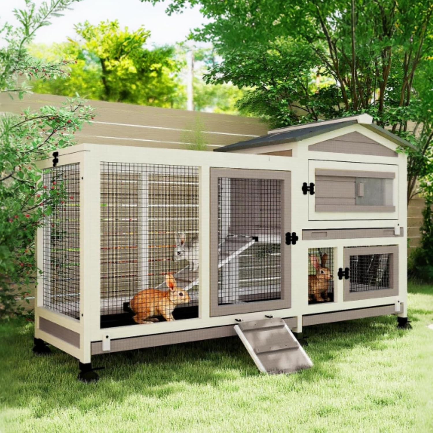 2-Story Wooden Rabbit Hutch with 6 Lockable Wheels - GlobalHabitat Supply