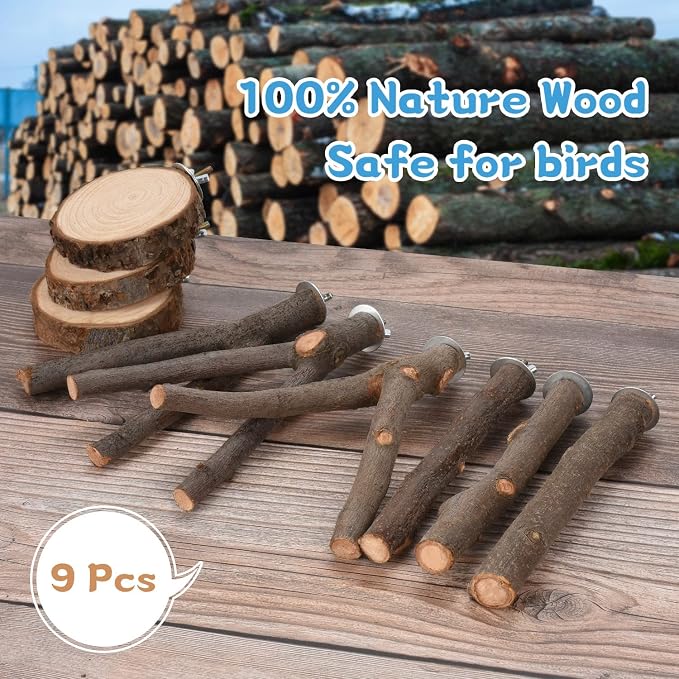 9 PCS Natural Wood Bird Perch, Wooden Parrot Perch Stand Bird Cage Branches - Image 4