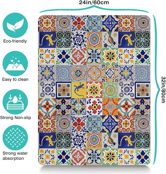 Moroccan Trellis Dog Food & Water Mat, Mexican Talavera Boho Colorful Pet - Image 6
