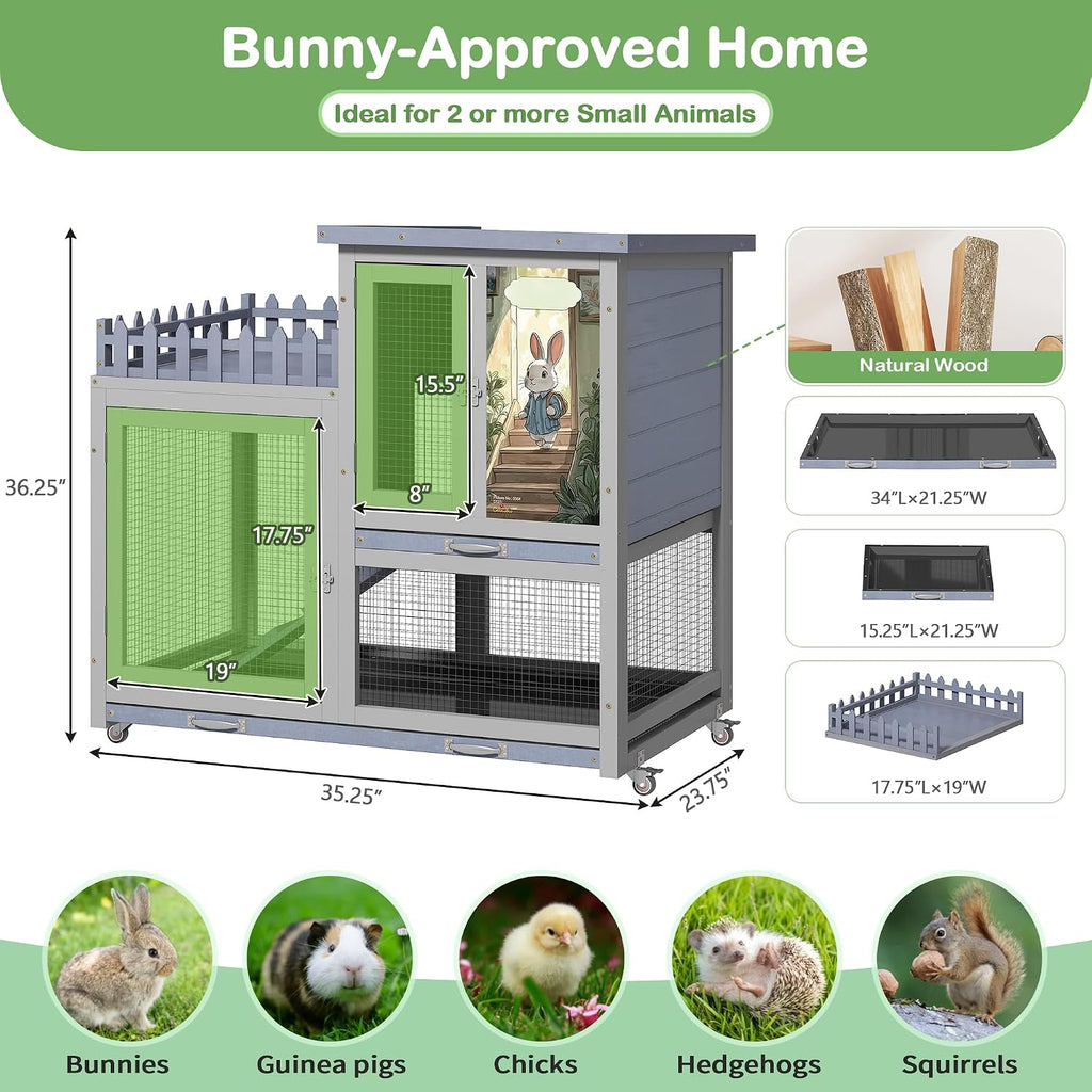 Wood Rabbit Hutch with Balcony and Pull-Out Tray - GlobalHabitat Supply