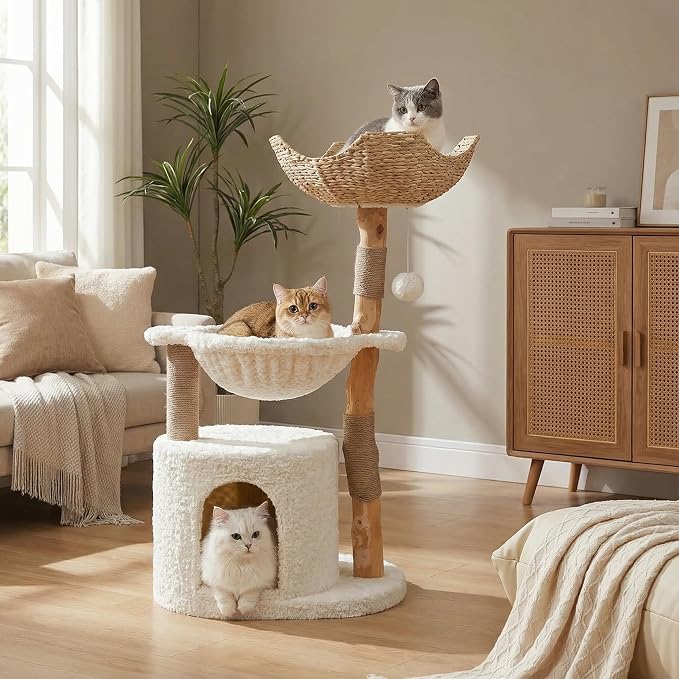 Modern Cat Tree for Large Cats, Wood Cat Tower for Indoor Cats, Real Branch by MUTTROS